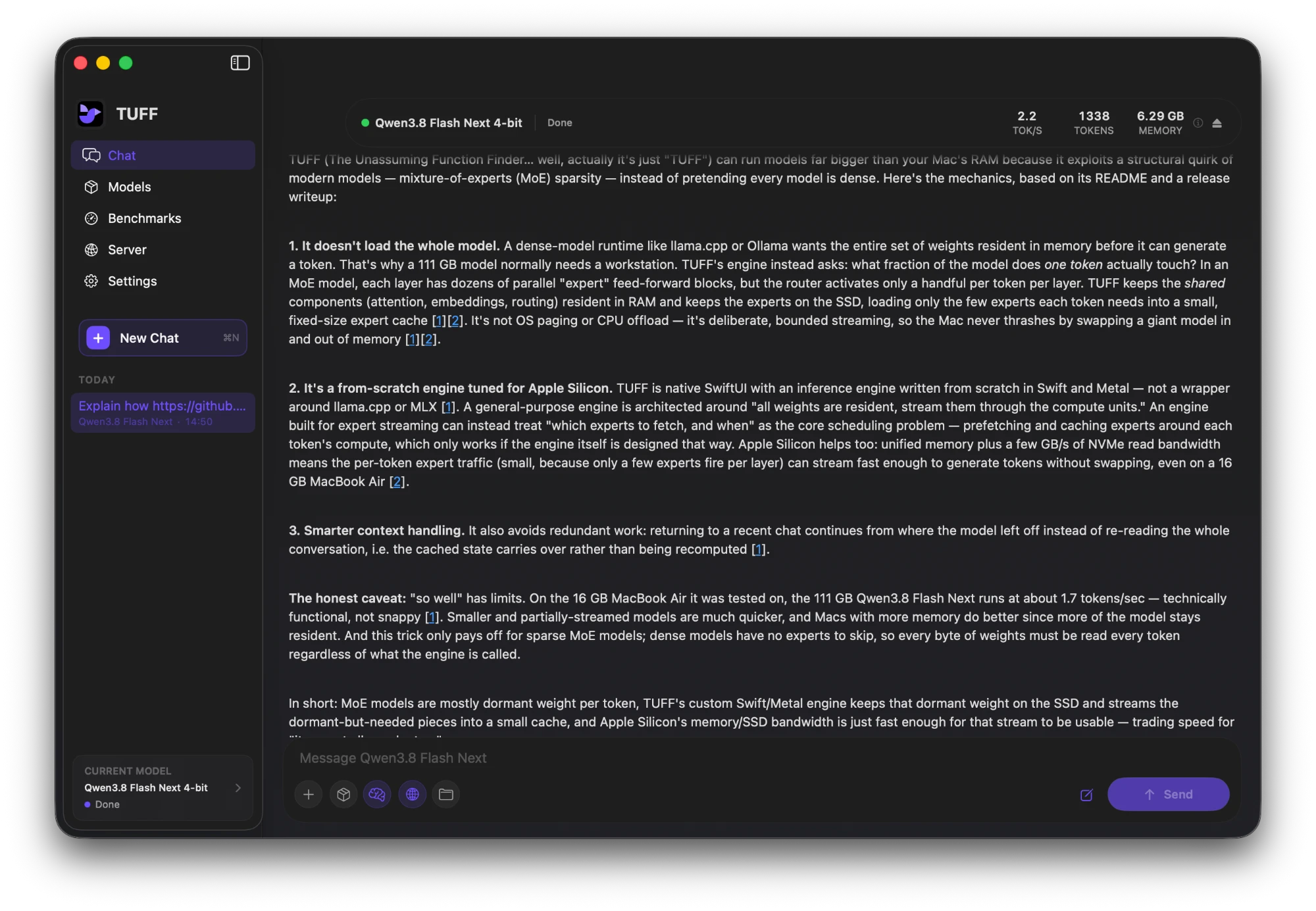 TUFF chatting with Qwen3.8 Flash Next, with web search and numbered sources